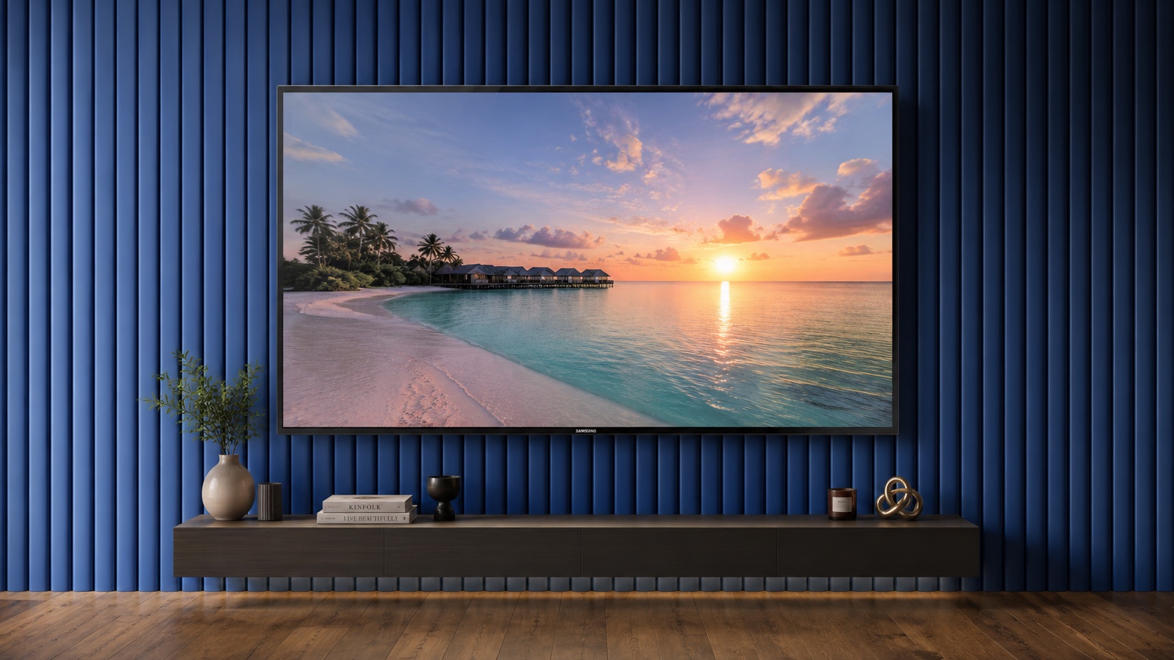 Living room with a Best Blue fluted panel wall, wall-mounted TV and wide oak flooring